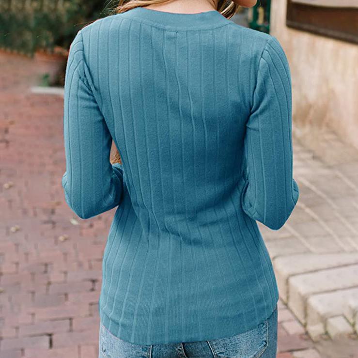 Women's Long Sleeve V Neck Ribbed Button Knit Sweater