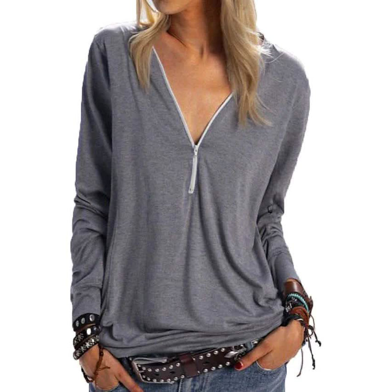 Women's Long Sleeve Zipper Quarter Zip V Neck Casual Top Women's Tops Gray S - DailySale