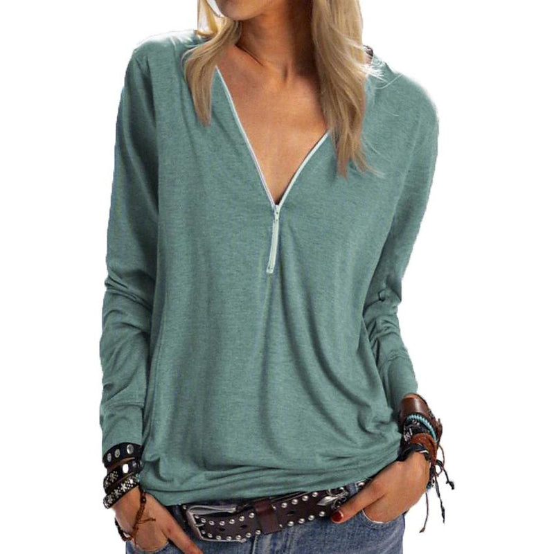Women's Long Sleeve Zipper Quarter Zip V Neck Casual Top Women's Tops Green S - DailySale
