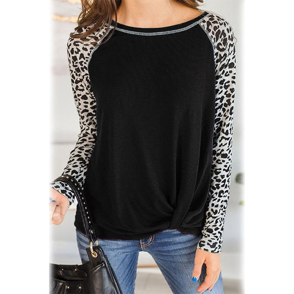 Women's Long Sleeved Leopard Print Twist Top Women's Tops Black S - DailySale