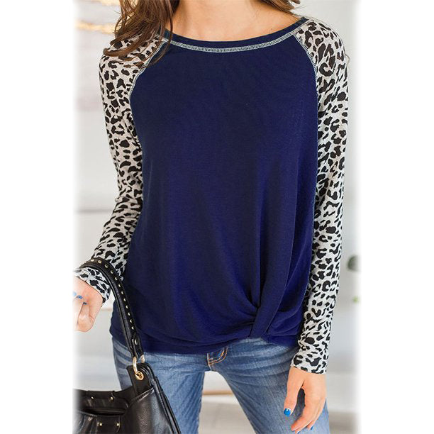 Women's Long Sleeved Leopard Print Twist Top Women's Tops Dark Blue S - DailySale