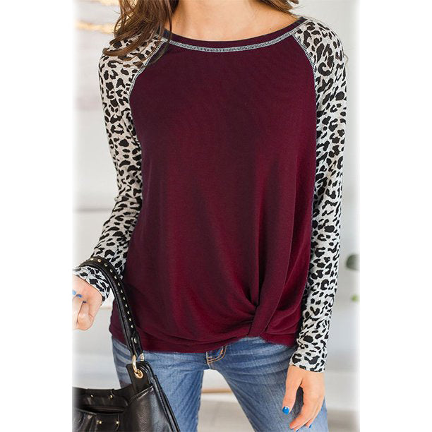 Women's Long Sleeved Leopard Print Twist Top Women's Tops Wine Red S - DailySale