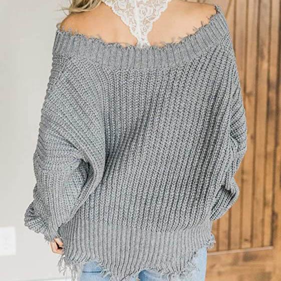 Women's Loose Knitted Sweater Long Sleeve V-Neck Ripped Pullover Sweaters Crop Top Knit Jumper