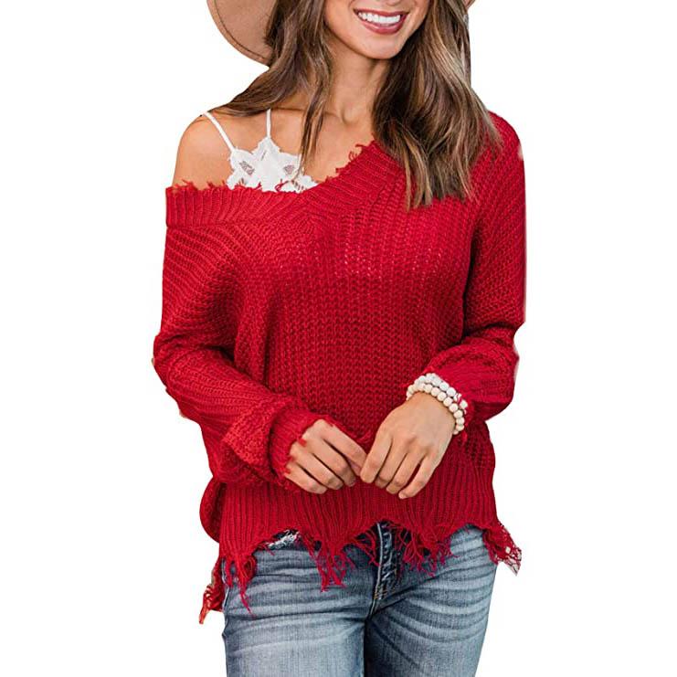 Women's Loose Knitted Sweater Long Sleeve V-Neck Ripped Pullover Sweaters Crop Top Knit Jumper