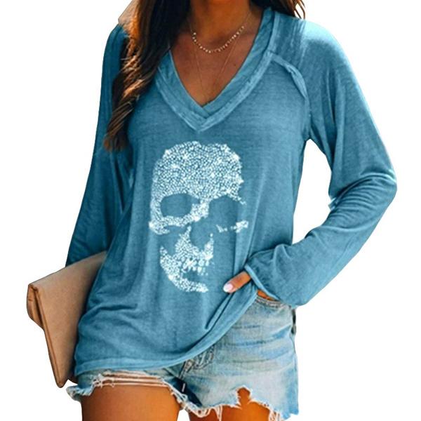 Women's Loose Skull Printed Long Sleeved V-neck Shirts Cotton Tops Women's Tops Blue S - DailySale