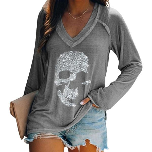 Women's Loose Skull Printed Long Sleeved V-neck Shirts Cotton Tops Women's Tops Gray S - DailySale