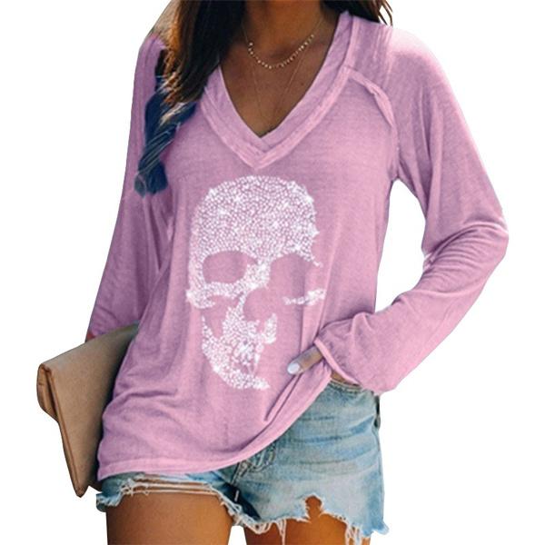 Women's Loose Skull Printed Long Sleeved V-neck Shirts Cotton Tops Women's Tops Purple S - DailySale