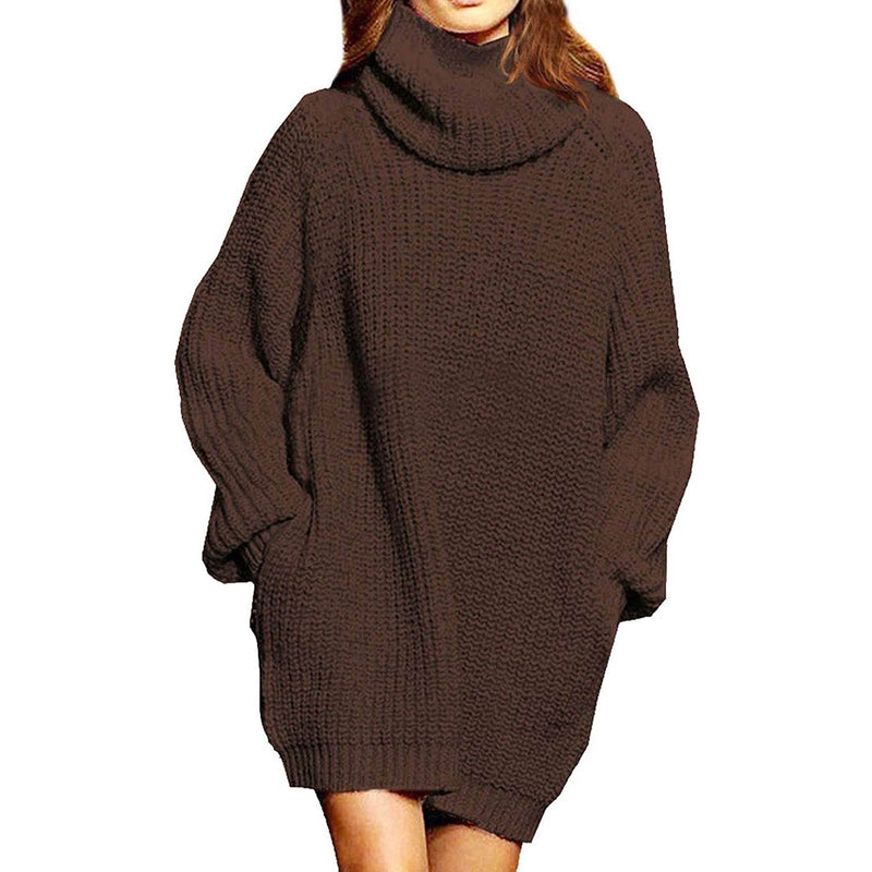 Women's Loose Turtleneck Oversize Long Pullover Sweater Dress Women's Tops Coffee S - DailySale