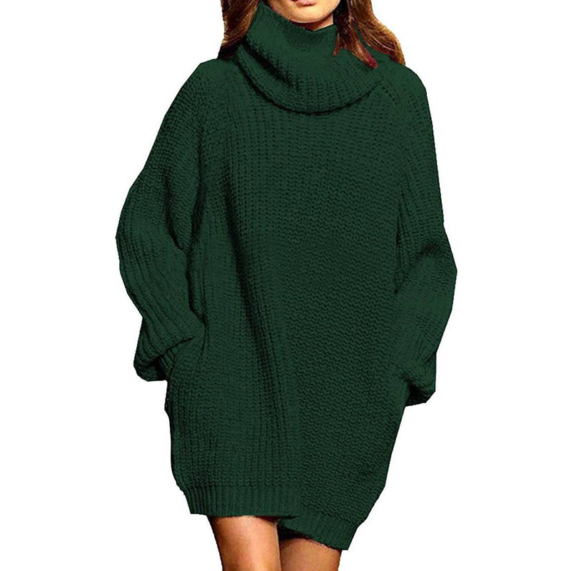 Women's Loose Turtleneck Oversize Long Pullover Sweater Dress Women's Tops Dark Green S - DailySale