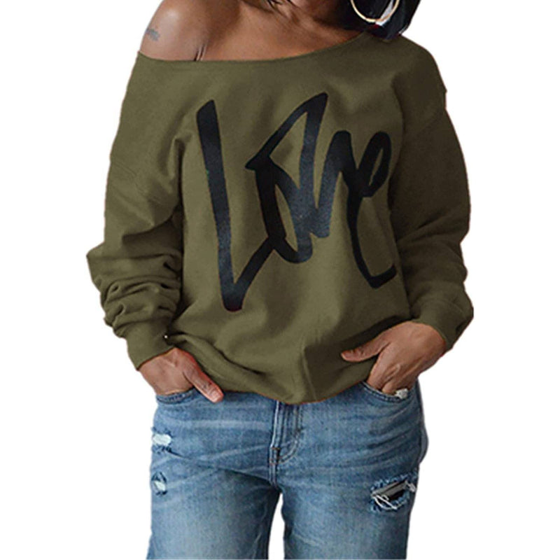 Womens Love Letter Printed Off Shoulder Pullover Sweatshirt Slouchy Tops Shirts Women's Tops Army Green S - DailySale