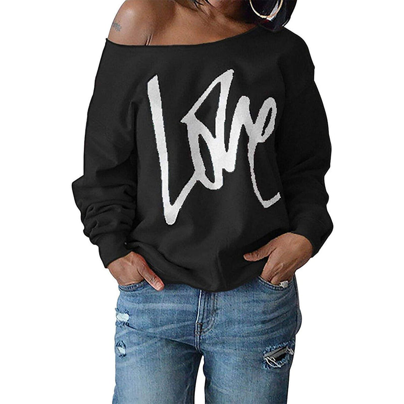 Womens Love Letter Printed Off Shoulder Pullover Sweatshirt Slouchy Tops Shirts Women's Tops Black S - DailySale
