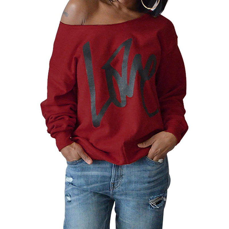 Womens Love Letter Printed Off Shoulder Pullover Sweatshirt Slouchy Tops Shirts Women's Tops Burgundy S - DailySale