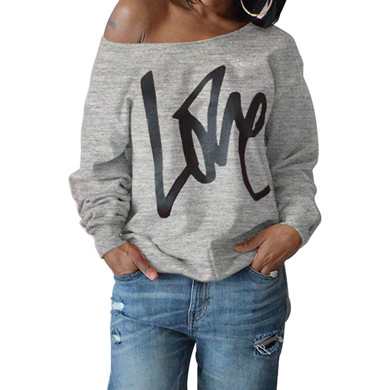 Womens Love Letter Printed Off Shoulder Pullover Sweatshirt Slouchy Tops Shirts Women's Tops Gray S - DailySale