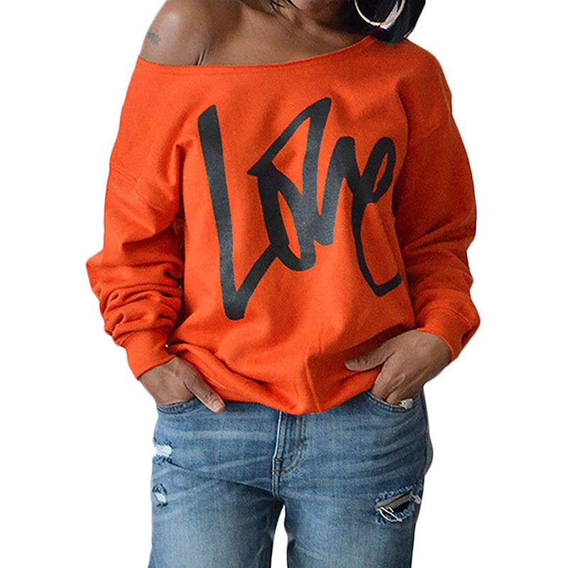 Womens Love Letter Printed Off Shoulder Pullover Sweatshirt Slouchy Tops Shirts Women's Tops Orange S - DailySale