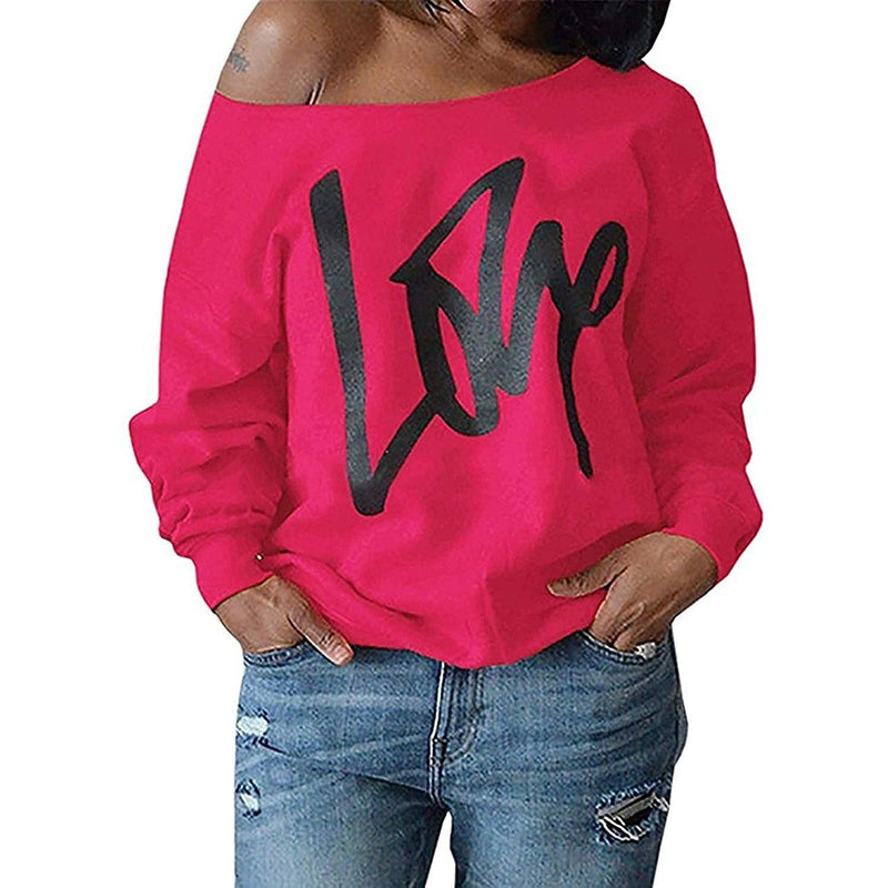 Womens Love Letter Printed Off Shoulder Pullover Sweatshirt Slouchy Tops Shirts Women's Tops Rose Red S - DailySale
