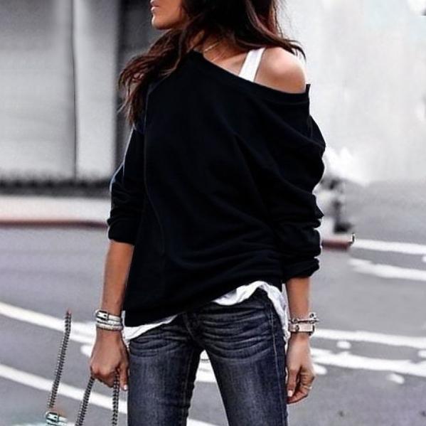 Women's New Fashion Style One Shoulder Soft Long Sleeve Top Women's Tops Black S - DailySale