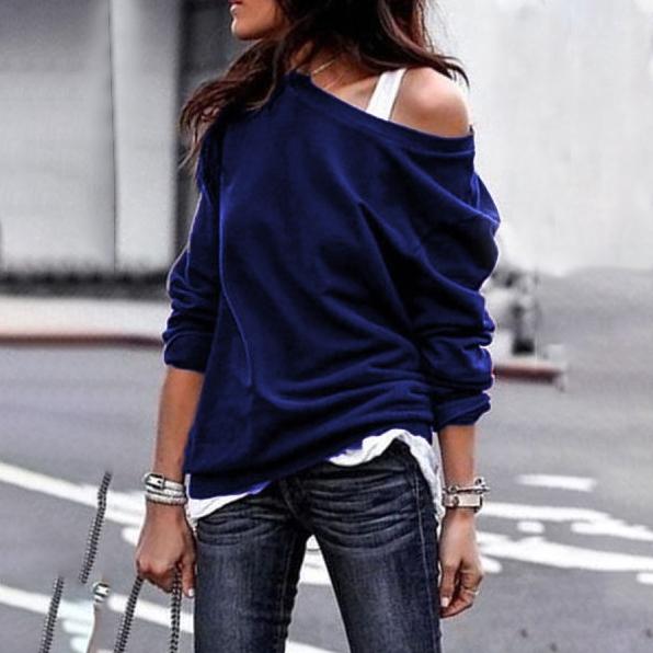 Women's New Fashion Style One Shoulder Soft Long Sleeve Top Women's Tops Blue S - DailySale