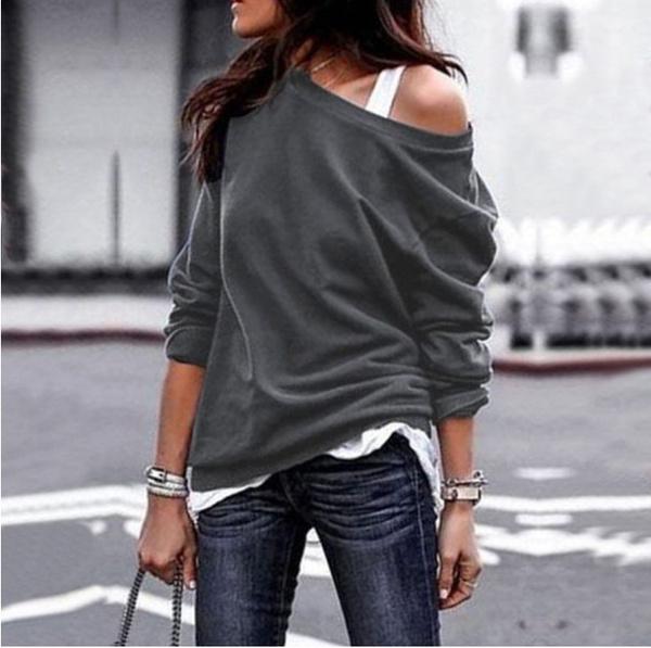 Women's New Fashion Style One Shoulder Soft Long Sleeve Top Women's Tops Gray S - DailySale