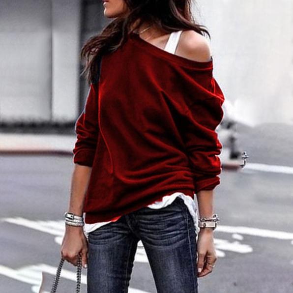 Women's New Fashion Style One Shoulder Soft Long Sleeve Top Women's Tops Wine Red S - DailySale