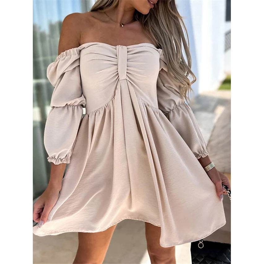 Women's Off Shoulder Casual Puff Sleeve Dress Women's Dresses Beige S - DailySale