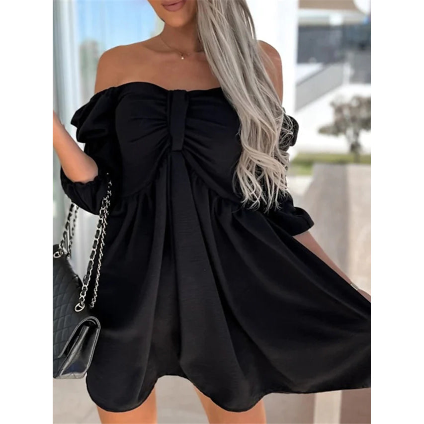 Women's Off Shoulder Casual Puff Sleeve Dress Women's Dresses Black S - DailySale