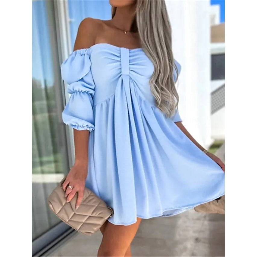 Women's Off Shoulder Casual Puff Sleeve Dress Women's Dresses Light Blue S - DailySale