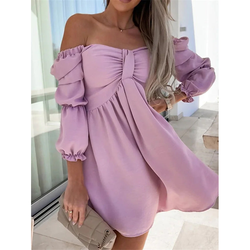 Women's Off Shoulder Casual Puff Sleeve Dress Women's Dresses Pink S - DailySale