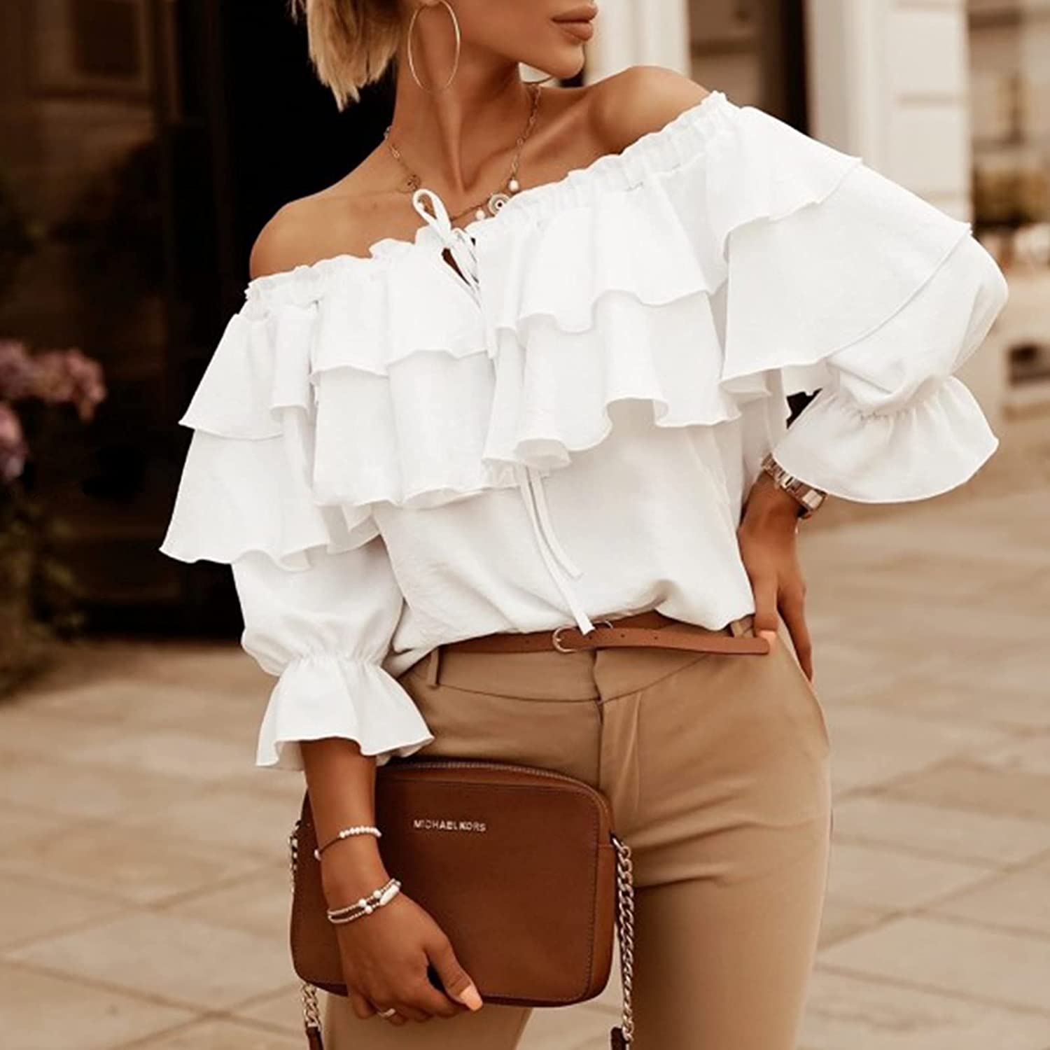 Women's Off Shoulder Ruffle Long Sleeve Shirt Casual Layered Top Women's Tops - DailySale