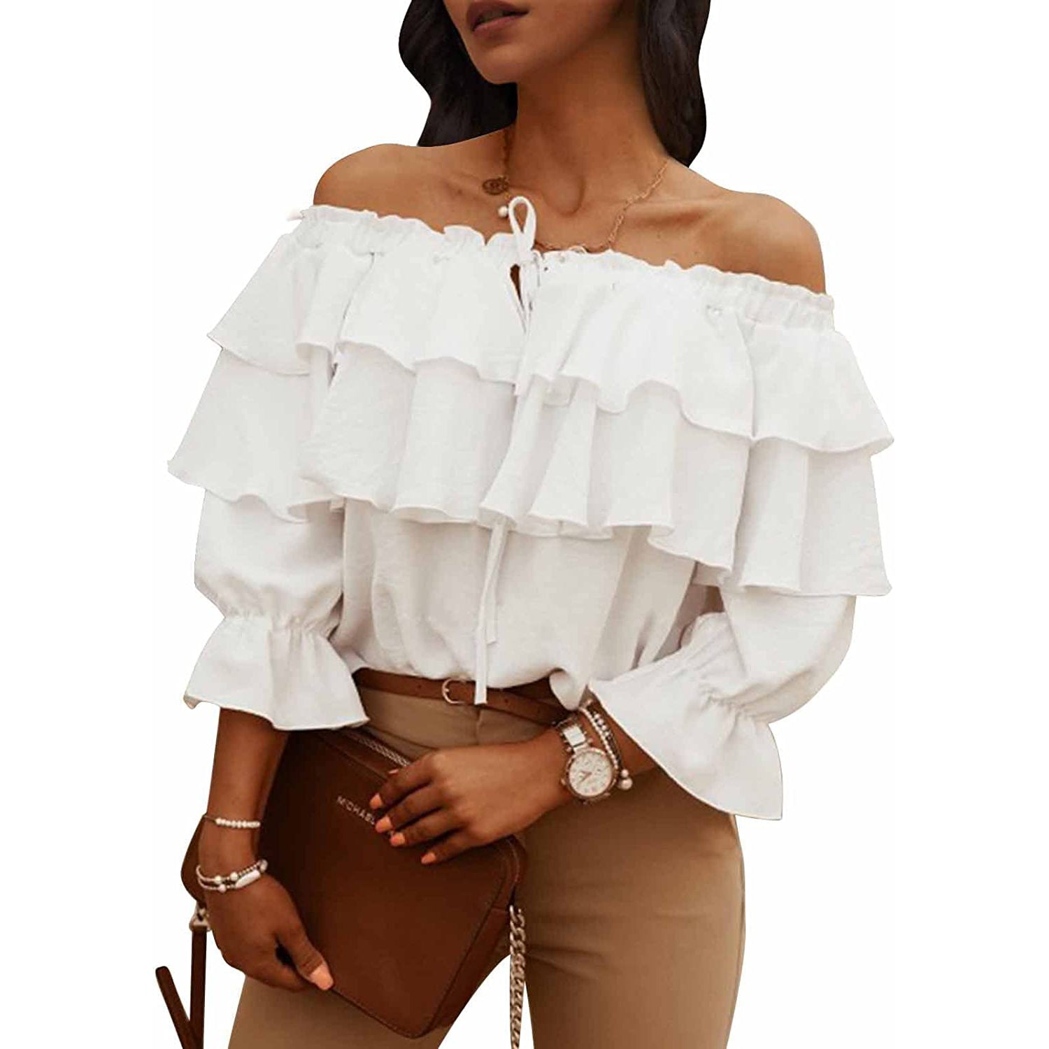 Women's Off Shoulder Ruffle Long Sleeve Shirt Casual Layered Top Women's Tops - DailySale