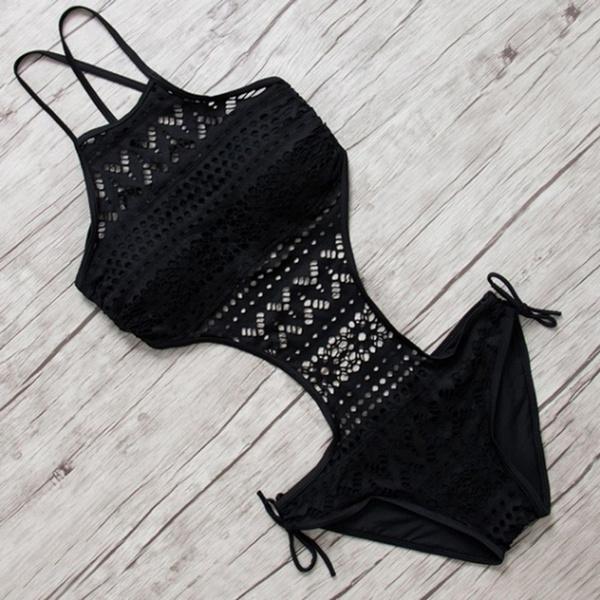 Women's One-Piece Bikini Solid Crochet Swimsuit Women's Clothing Black S - DailySale