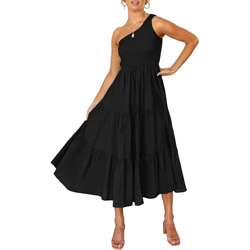 Womens One Shoulder Sleeveless Smocked Ruffle Tiered Beach Long Midi Dress Women's Dresses Black S - DailySale