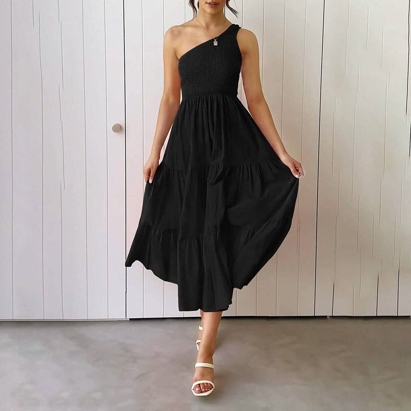 Womens One Shoulder Sleeveless Smocked Ruffle Tiered Beach Long Midi Dress Women's Dresses - DailySale