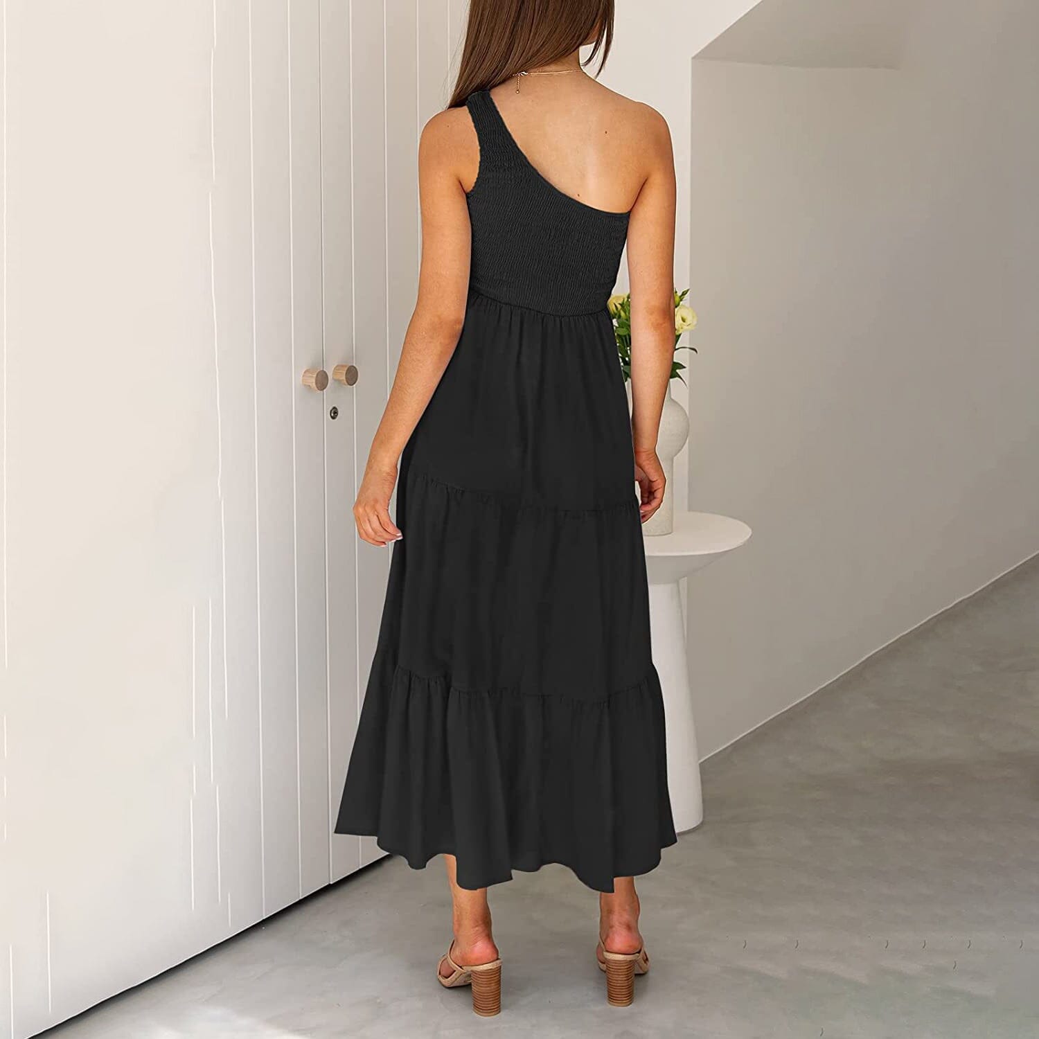 Womens One Shoulder Sleeveless Smocked Ruffle Tiered Beach Long Midi Dress Women's Dresses - DailySale