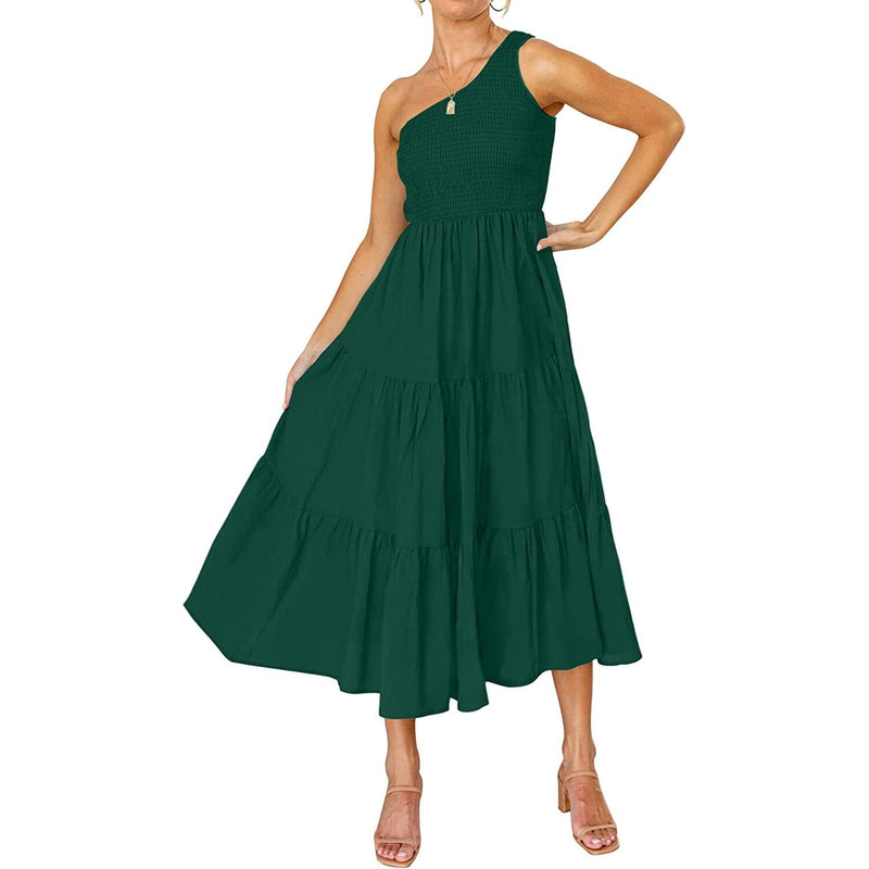 Womens One Shoulder Sleeveless Smocked Ruffle Tiered Beach Long Midi Dress Women's Dresses Dark Green S - DailySale