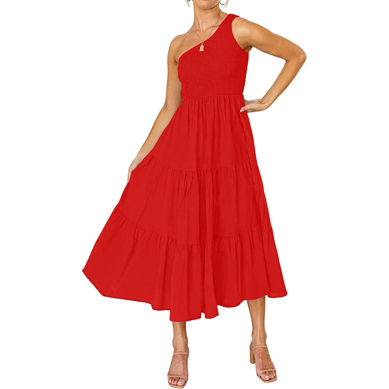 Womens One Shoulder Sleeveless Smocked Ruffle Tiered Beach Long Midi Dress Women's Dresses Red S - DailySale