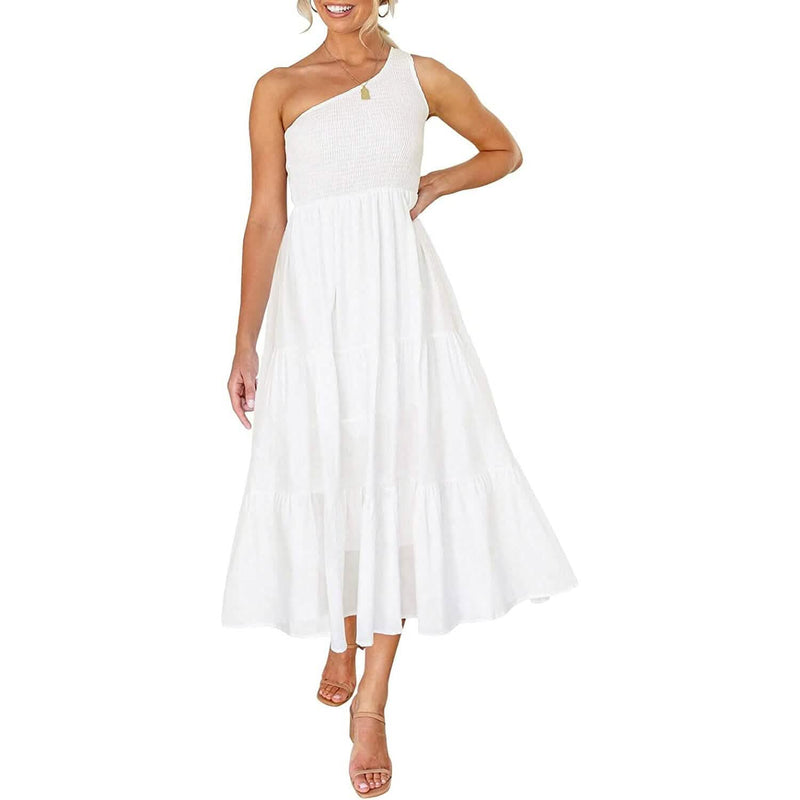 Womens One Shoulder Sleeveless Smocked Ruffle Tiered Beach Long Midi Dress Women's Dresses White S - DailySale