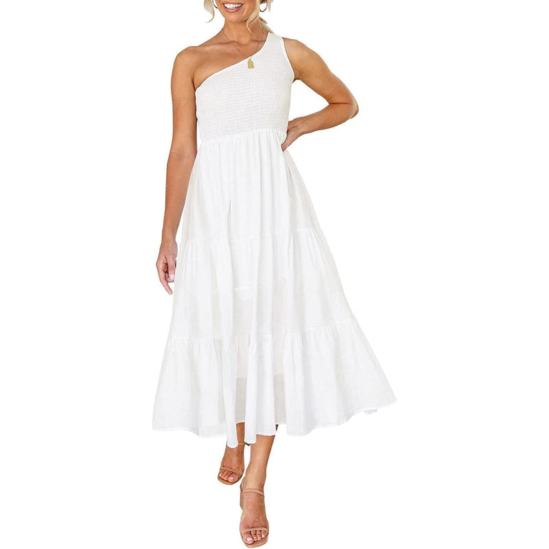 Womens One Shoulder Sleeveless Smocked Ruffle Tiered Beach Long Midi Dress Women's Dresses White S - DailySale