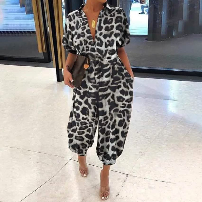 Women's Ordinary Deep V Jumpsuit Women's Dresses Black Leopard S - DailySale