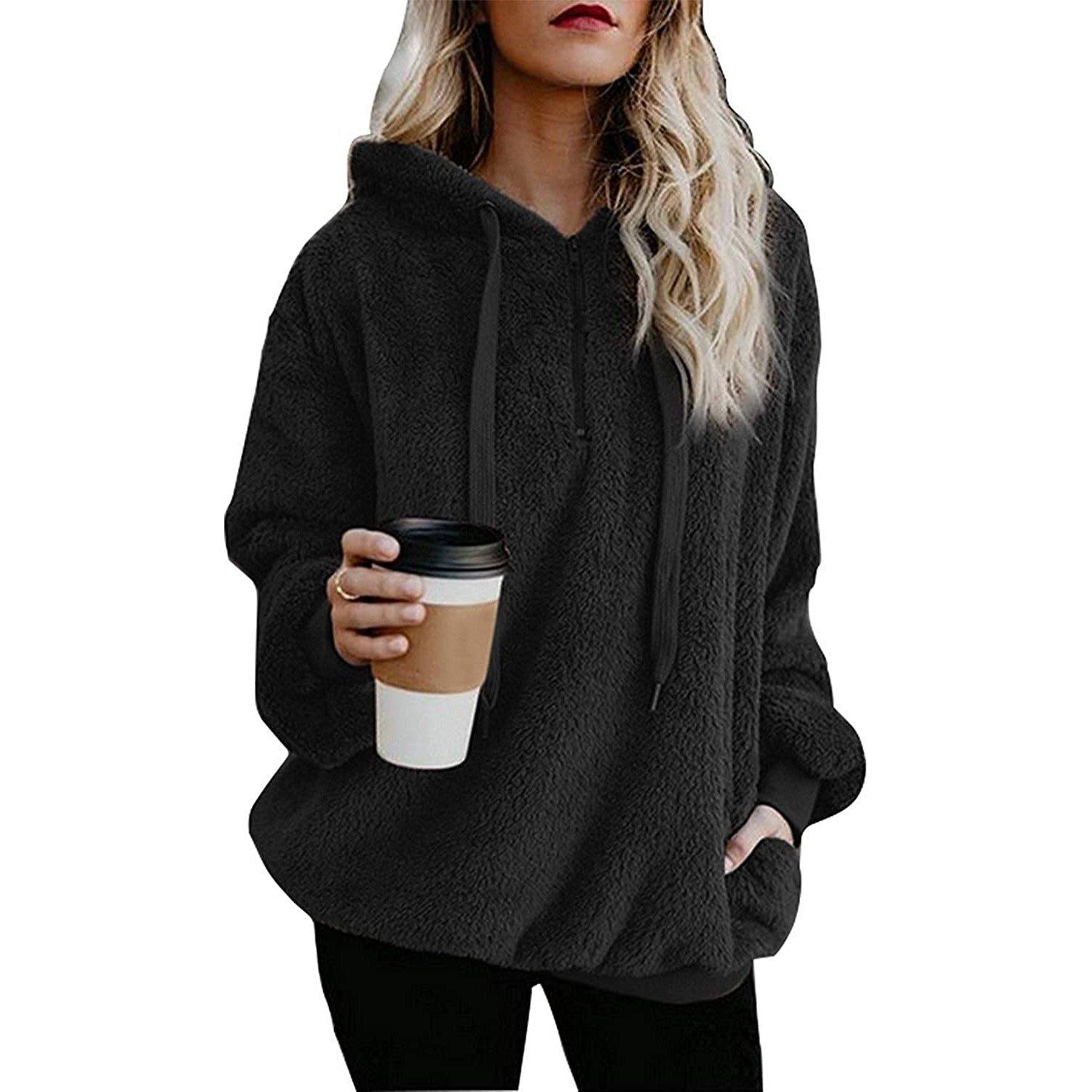 Women's Oversized Fleece Hoodie Women's Clothing Black S - DailySale