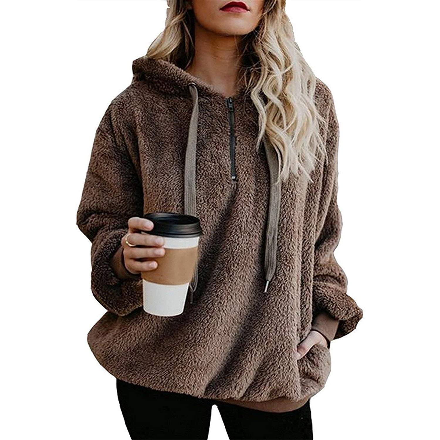 Women's Oversized Fleece Hoodie Women's Clothing Brown S - DailySale