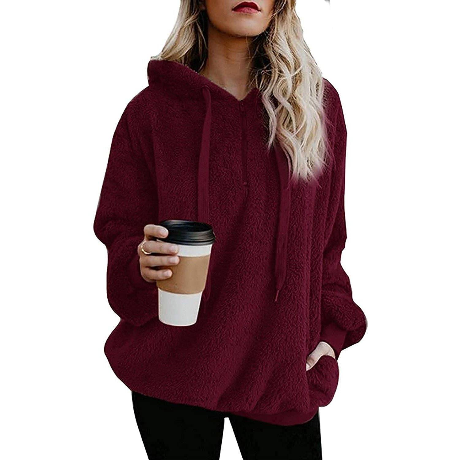 Women's Oversized Fleece Hoodie Women's Clothing Burgundy S - DailySale