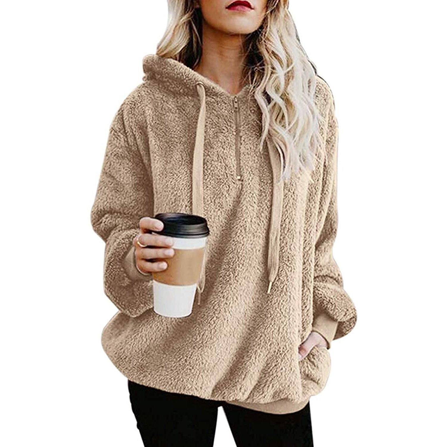 Women's Oversized Fleece Hoodie Women's Clothing Khaki S - DailySale