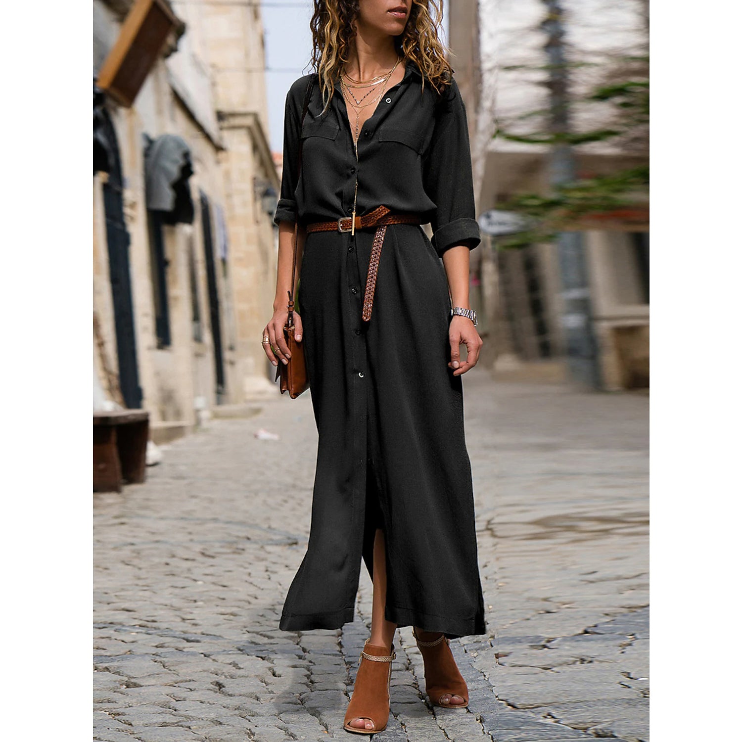 Women's Oversized Loose Shirt Dress Women's Dresses Black S - DailySale