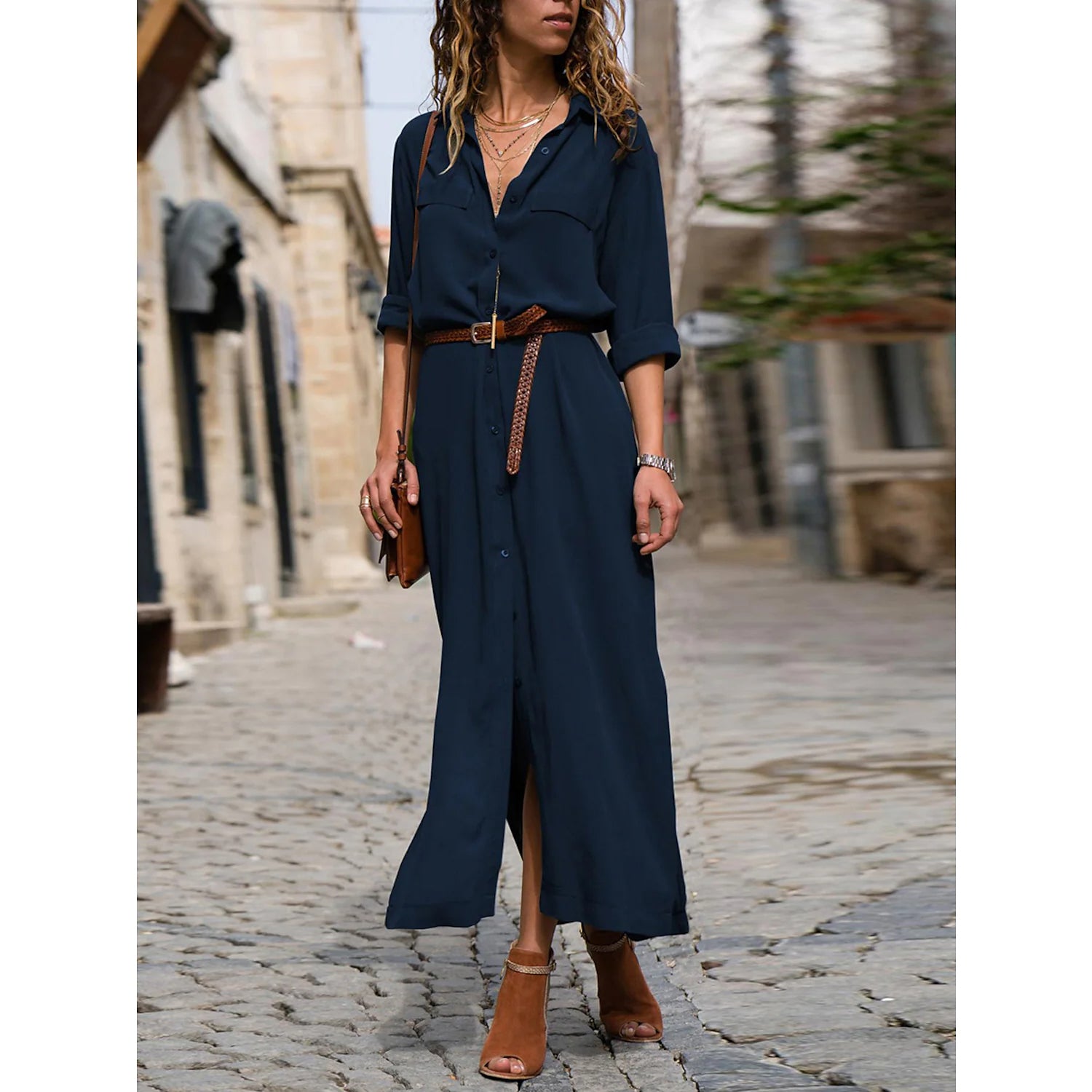 Women's Oversized Loose Shirt Dress Women's Dresses Navy Blue S - DailySale