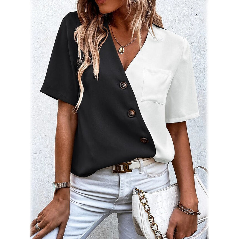 Women's Pocket Button V-Neck Short Sleeve Shirt Women's Tops Black S - DailySale