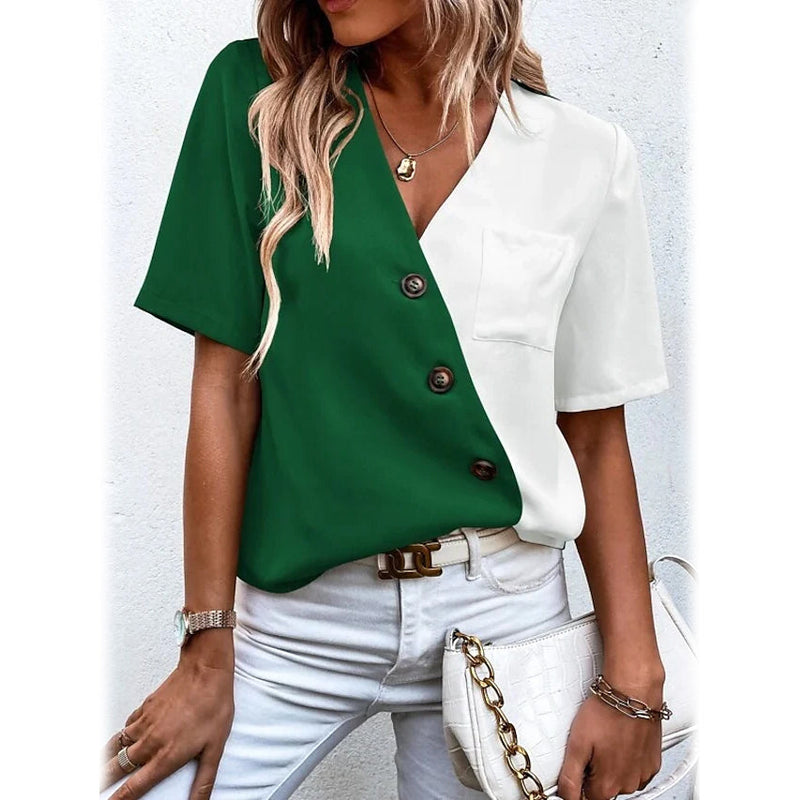Women's Pocket Button V-Neck Short Sleeve Shirt Women's Tops Green S - DailySale