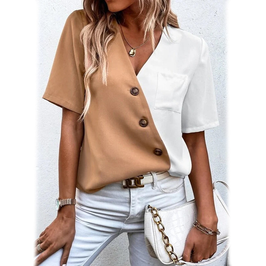 Women's Pocket Button V-Neck Short Sleeve Shirt Women's Tops Khaki S - DailySale