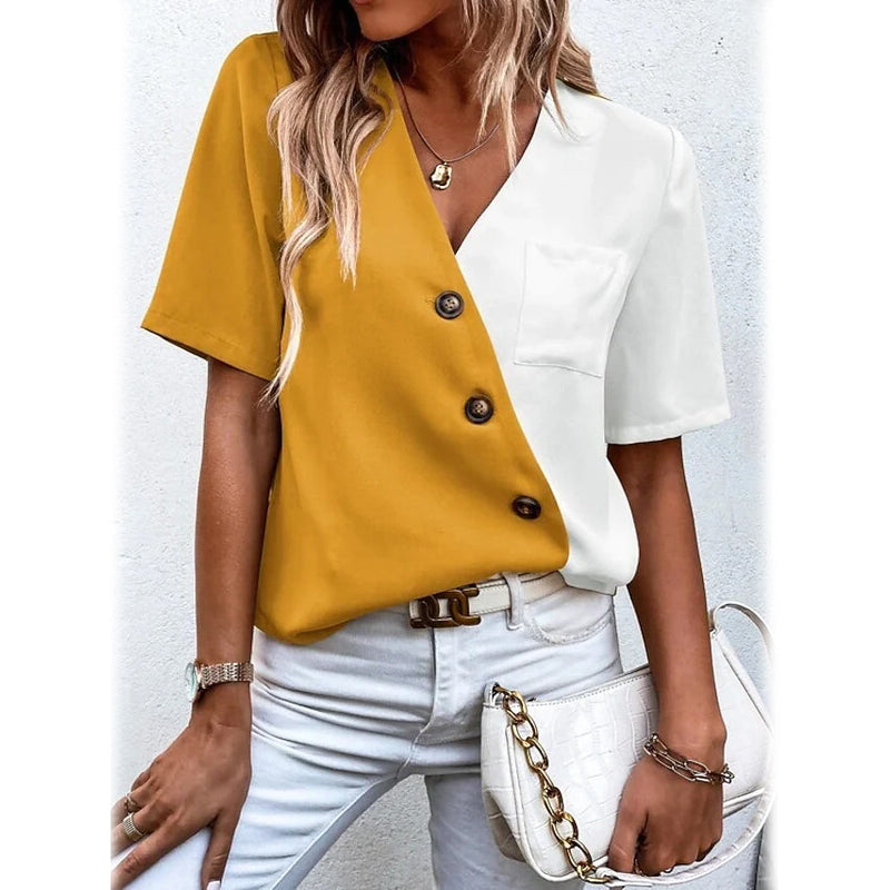 Women's Pocket Button V-Neck Short Sleeve Shirt Women's Tops Yellow S - DailySale
