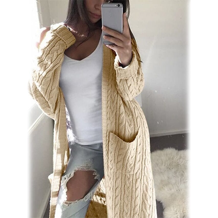 Women's Pocket Knitted Cardigan Sweater Women's Outerwear Khaki S - DailySale