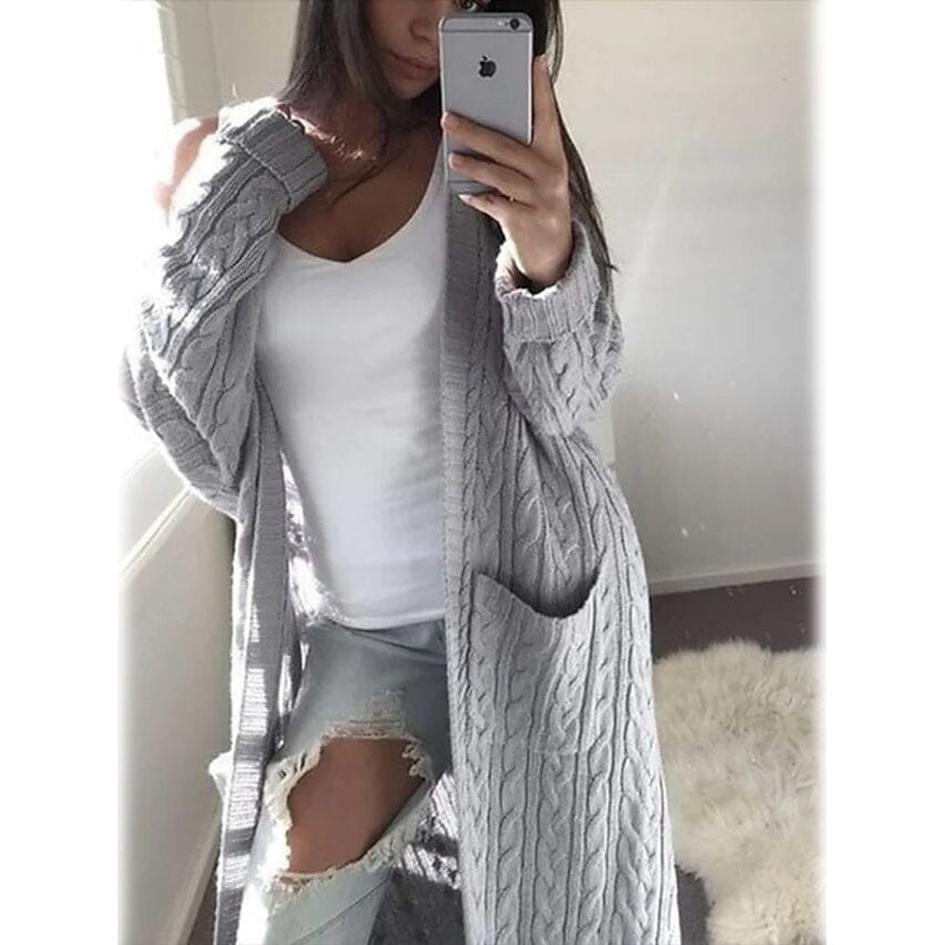 Women's Pocket Knitted Cardigan Sweater Women's Outerwear Light Gray S - DailySale